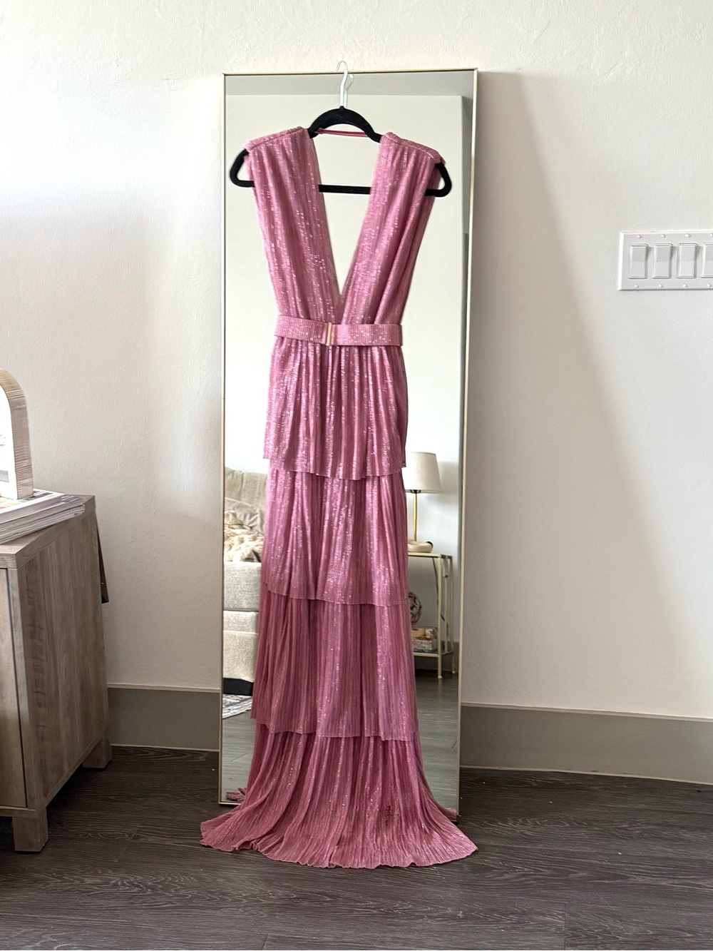 SABINA MUSÁYEV Skylar Tiered Belted Metallic Gown Antique Rose